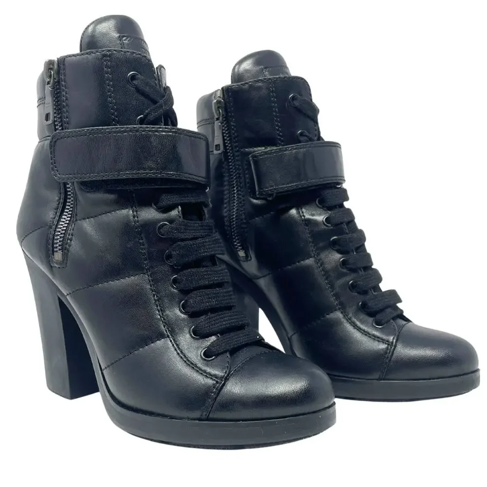 Prada Boots Moto Combat LOGO Ankle Lug Sole Platform Heels‎ Black Shoes 38.5